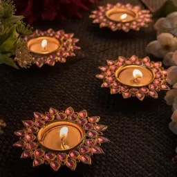 Homesake 'Birthday' Pink & Golden Metal Diya Holder With Tea Light - Set of 4-image-10