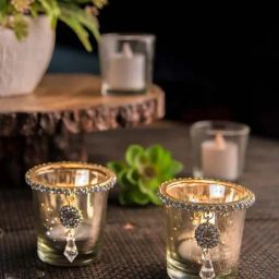 Homesake 'Diwali' Silver & Golden Glass Candle Holder With Jewel Ring - Set of 2-image-89