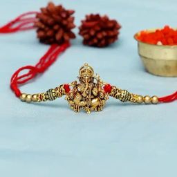 eCraftIndia Golden Religious Ganesha Rakhi for Brother with Red Thread-image-91