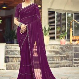 Satrani Purple Striped Saree With Unstitched Blouse-image-5