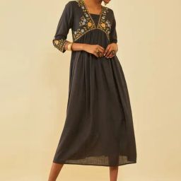 Soch Black Rayon Slub Floral Embroidered Empire Ethnic Dress-image-23