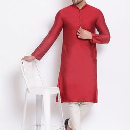 Sanwara Men Maroon & Cream-Coloured Solid Kurta with Churidar-image-58