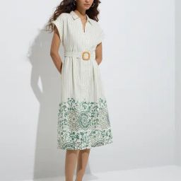 Bombay Paisley by Westside Green Cotton-Blend Shirt Dress with Belt-17