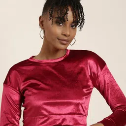 SHOWOFF Round Neck Regular Sleeves Solid Blouson Crop Top-image-24