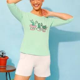 Clovia Green & Grey Printed Top & Shorts Set image 3
