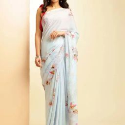navyasa by liva Light Blue Printed Saree With Unstitched Blouse-image-93