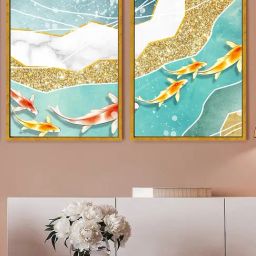 Art Street Blue Canvas Golden Fish In the Sea Canvas Prints Wall Art - Set of 2-3