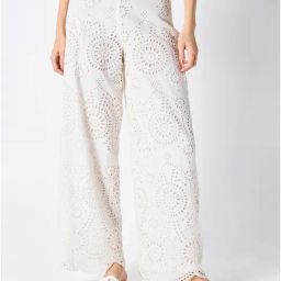 Cover Story White Cotton Self Design Mid Rise Schiffli Trousers-image-38