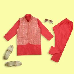 Kids Island Boys Red Sequence Kurta Sets with Jacket-30