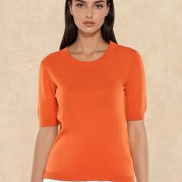 RAREISM Orange Cotton Blend Solid Short Sleeves Sweater-image-99