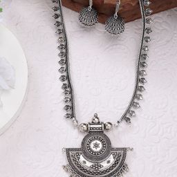 Sangria Women Beaded Oxidised Necklace With Jhumka Earrings-image-96