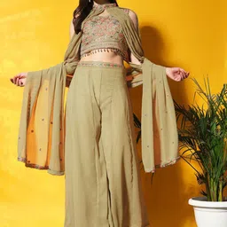 Chhabra 555 Embroidered Co-Ord Set with Tassled Crop Top & Jasmine Inspired Cape Sleeves-20