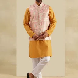 SOJANYA Band Collar Straight Kurta With Pyjama & Nehru Jacket-image-27