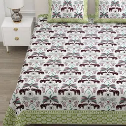 ATARAH Green & White Ethnic Motifs 144 TC Queen Bedsheet with 2 Pillow Covers-picture-23