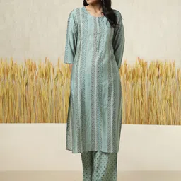 Soch Floral Printed Round Neck Mirror Work Straight Kurta With Trousers-39