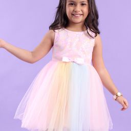 Babyhug Sleeveless Party Dress with Floral Sequins & Bow Corsage - Pink & Yellow-image-32