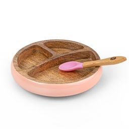 Taabartoli Wooden Round Plate with Silicone Suction and Spoon - Pink-24