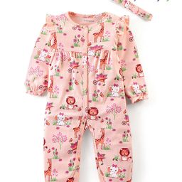 Babyoye Eco Conscious 100% Cotton Knit Full Sleeves Rompers with Headband Lion Print - Peach-picture-31