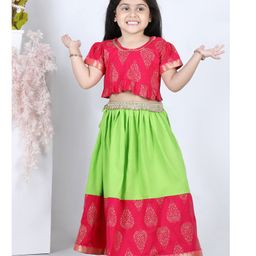 AJ Dezines Half Sleeves Swirl Designed Motif Foil Printed Colour Blocked Lehenga Choli - Pink-image-1