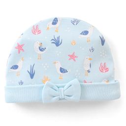 Babyhug 100% Cotton Knit Bird Print Cap with Bow Applique - Blue-image-17