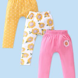 Babyhug Interlock Knit Full Length Diaper Pants Floral Printed Pack of 3 - Pink Yellow & White-image-65