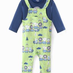 Doodle Poodle 100% Cotton Knit Dungaree with Full Sleeves T-Shirt Wild Animal Print - Navy Blue & Green-image-7