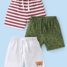 Babyhug Cotton Knit Striped and Bear Printed Shorts Pack of 3 - Green White and Brown-image-66