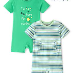 Babyoye 100% Cotton With Eco Jiva Finish Half Sleeves Rompers Striped & Text Print Pack of 2 - Green-image-94