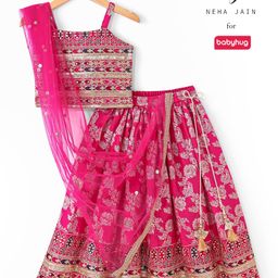 Babyhug Sleeveless Embroidered Choli With Brocade Lehenga and Dupatta Set - Fuschia-image-65