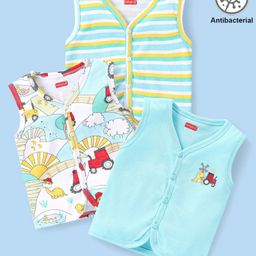 Babyhug 100% Cotton Antibacterial Half Sleeves Vests Dino & Vehicle Print Pack of 3 - Blue-image-35