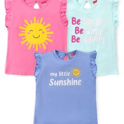 Babyhug Cotton Knit Frill Sleeves Top with Text Print Pack of 3 - Pink & Blue-image-6
