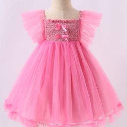 Kookie Kids Frill Sleeves Party Frock with Bow Detailing - Pink-image-39