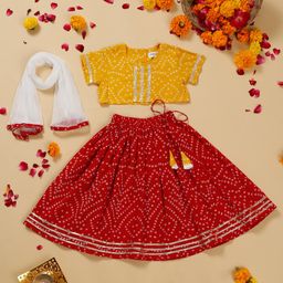 Saka Designs by Sapna Half Sleeves Bandhani Printed Choli With Lehanga & Dupatta - Mustard Yellow & Red-image-93