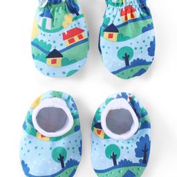 Babyhug 100% Cotton Knit Mittens & Booties Set with Tree Print - Blue-image-91