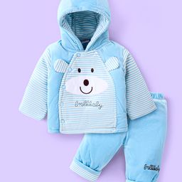 Babyhug Velour Woven Full Sleeves Hooded Winter Wear Suit With Bear Applique - Sky Blue-image-26