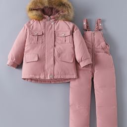 Kookie Kids Full Sleeves Hooded Winter Wear Suit With Padded Jumper Pants - Pink-image-79