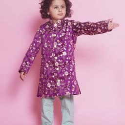 Little Bansi Full Sleeves Floral Embroidered Sherwani & Solid Pyjama Set - Purple-picture-19