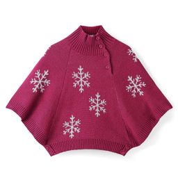 Babyhug Knitted  Full Sleeves & High Neck Poncho with Snow Flakes Design - Wine-image-60