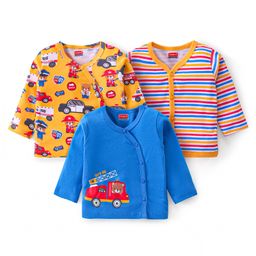 Babyhug 100% Cotton Knit Front Open Full Sleeves Jhablas  with Striped Car & Bear Print Pack of 3 - Blue & Yellow-image-92
