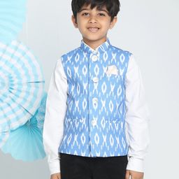 Vastramay Sleeveless Ikat Printed Nehru Jacket - Aqua Blue-image-5