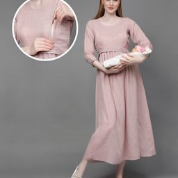 Dummy Shape Three Fourth Sleeves Maternity Flared Kurta With Nursing Access & Abstract Embroidered Attached Belt - Light Pink-image-96