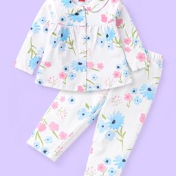 Babyhug Cotton Knit Front Open Full Sleeves Peter Pan Collar Night Suit with Floral - White-image-14