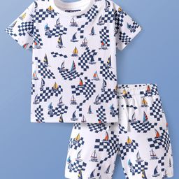 Pine Kids Single Jersey Knit Half Sleeves Shorts Night Suit with Ship Print - White-image-105