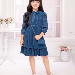 TINY BABY Knitted Three Fourth Sleeves Solid Pleated Dress With Stones Embellished Belt & Purse - Blue-picture-13