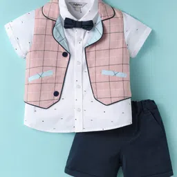 ToffyHouse Cotton Woven Half Sleeves Checks 3 Piece Party Suit With Bow - White Pink & Navy Blue-picture-4