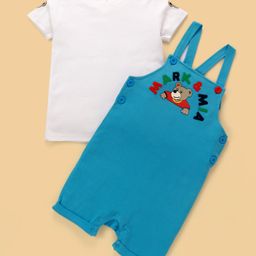 Mark & Mia Interlock Knit Half Sleeves Inner Tee & Dungaree with Bear Print & Patch Detailing - Light Blue & White-image-65