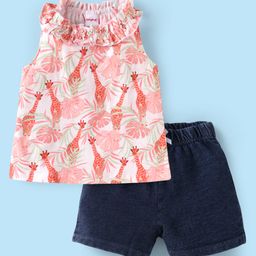Babyhug Single Jersey Knit Sleeveless Halter Neck Top & Shorts Set with Jungle Theme Print - White & Navy Blue-image-102