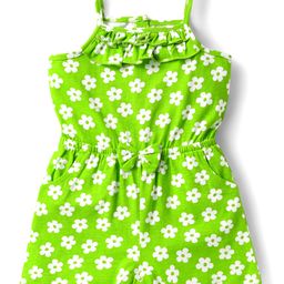 Babyhug Cotton Knit Sleeves Jumpsuit with Floral Print & Bow Applique - Light Green-image-97