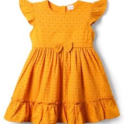 Babyhug Rayon Woven Knit Frill Sleeves Schifilli Frock with Bow Applique - Yellow-image-90