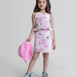 Taffykids 100% Cotton Sleeveless Floral Printed Frill Detailed Coordinating Crop Top & Skirt Set - Multi Colour-image-53